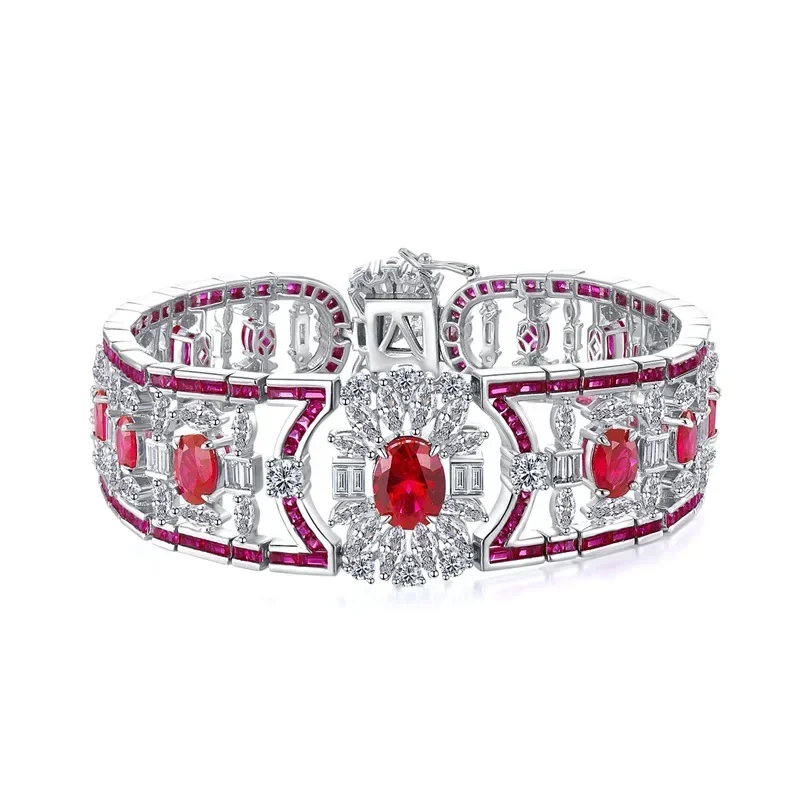 

925 Silver Wide Artificial Red Treasure Bracelet Imported High Carbon Diamond Inlaid Vintage Wedding Jewelry Wholesale