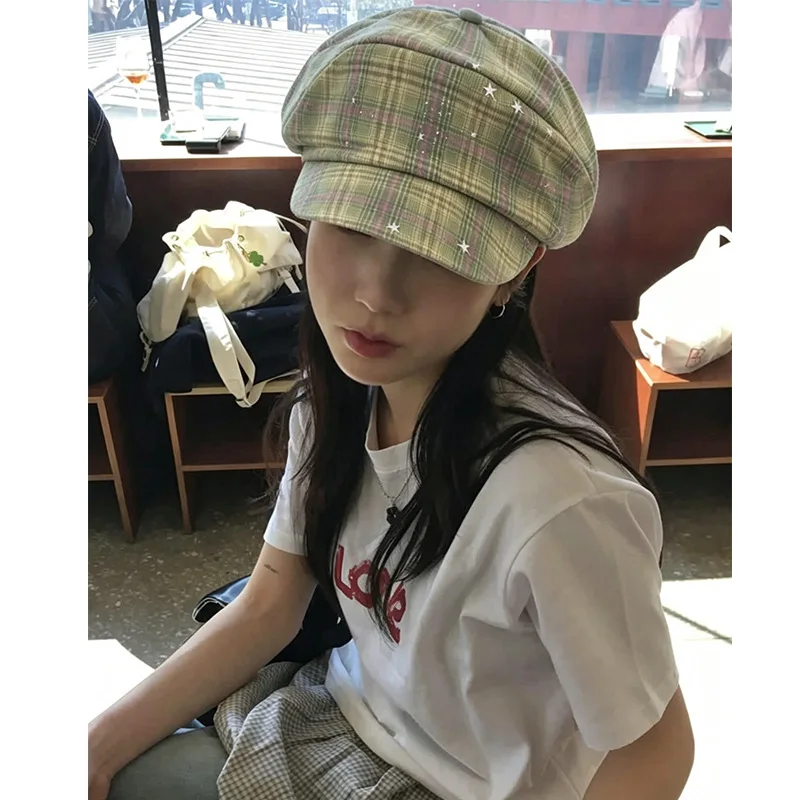 Women Beret Hat Plaid Check Pattern Star Decor Newsboy Cap Vintage Octagonal Painter Hat French Style Adjustable Baker Cap