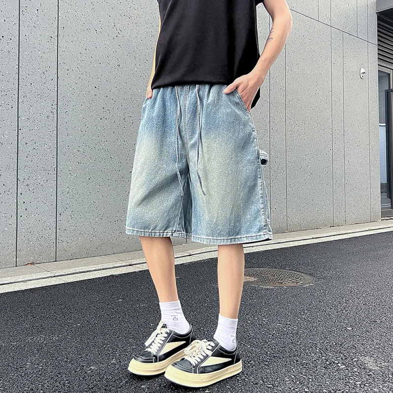 Pantalones cortos de mezclilla lavados para hombres, pantalones cortos casuales de longitud media con cintura elástica y ajuste suelto