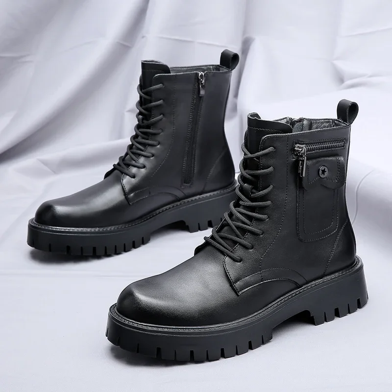 Spring Men\'s Thick Soled White Denim Boots Brand Lace Up Side Zipper Motorcycle Boots Men Round Toe Boots Leather High Top Shoes