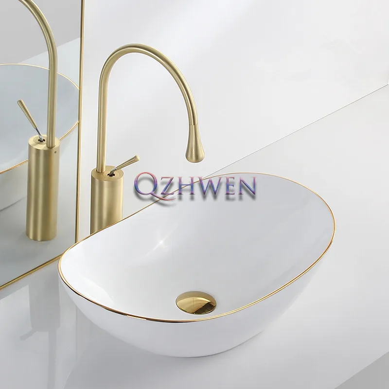 51cm/41cm/43cm Ceramic Washbasin Bathroom Sink Gold-rimmed Countertop Art Basin Toilet Ingots Basin for Bathroom with Faucet Set