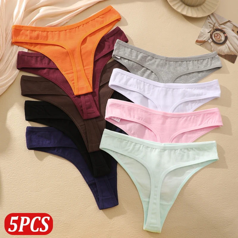 Lot de 5 culottes string sans couture en coton pour femme, sexy, taille basse, élastiques, respirantes, douces et confortables