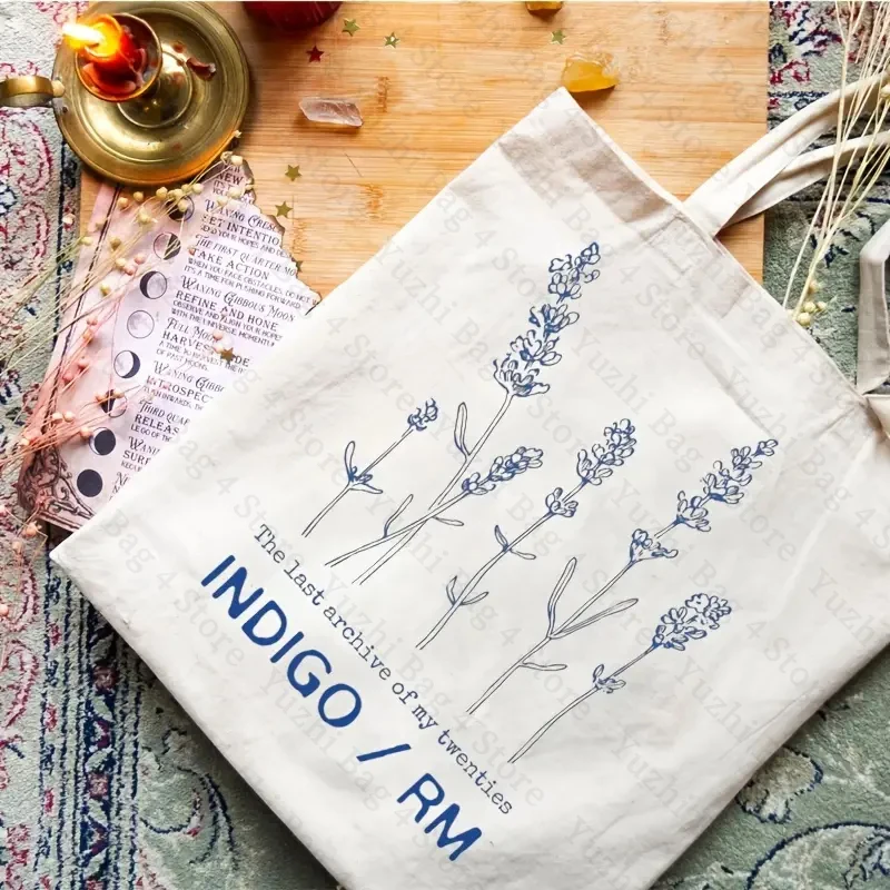 Indigo RM Pattern Tote Bag Fashion Music Album Canvas Shopping Bags Kpop Fan Gift Shoulder Bags Kim Namjoon Bags Kpop Flower Bag