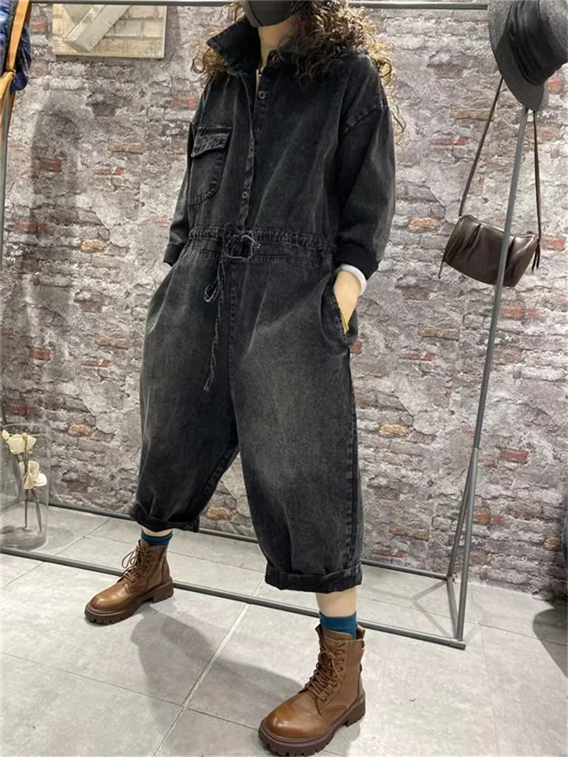 Long Sleeve Denim Jumpsuits Women Lapel Pocket Single-breasted Wide Leg Candy Colors One Piece Cargo Jeans Streetwear Overalls