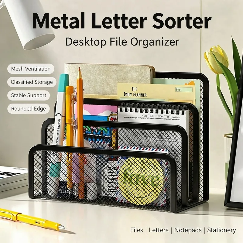 Black Metal Iron Mesh Desk Organizer - Letter Tray Holder for Paper Magazine Book Office Grid Tray