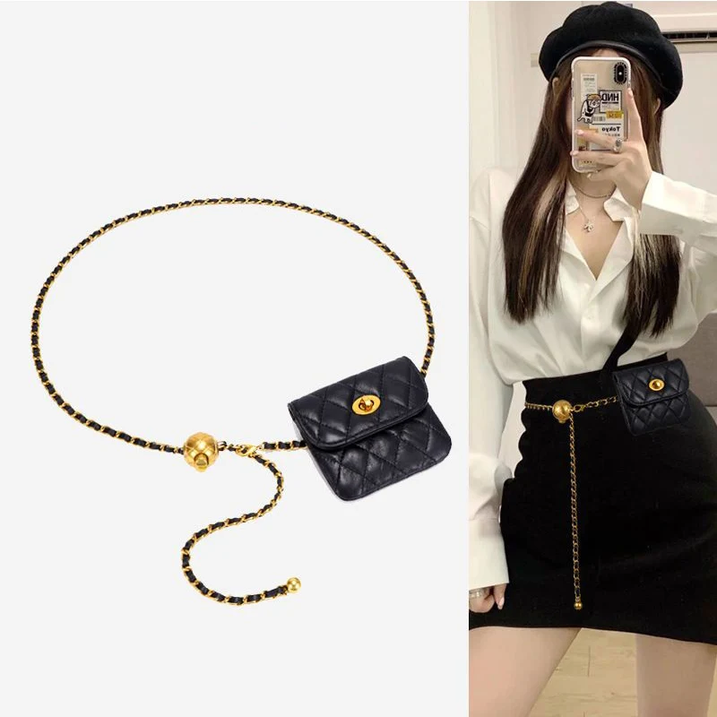 Women Metal Belt Chain Mini Bag Luxury Designer Brand Waist Strap Lady Girl Dress Jeans Trousers Decorative Crossbody Bag