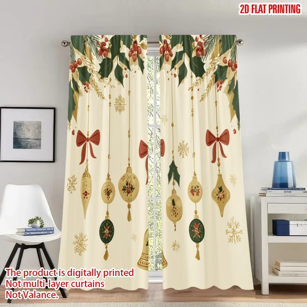 

2pcs 2D flat printing Christmas Hot Party Curtains Christmas Holly Bells Ornaments Digital Printed Polyester Drapes Holiday