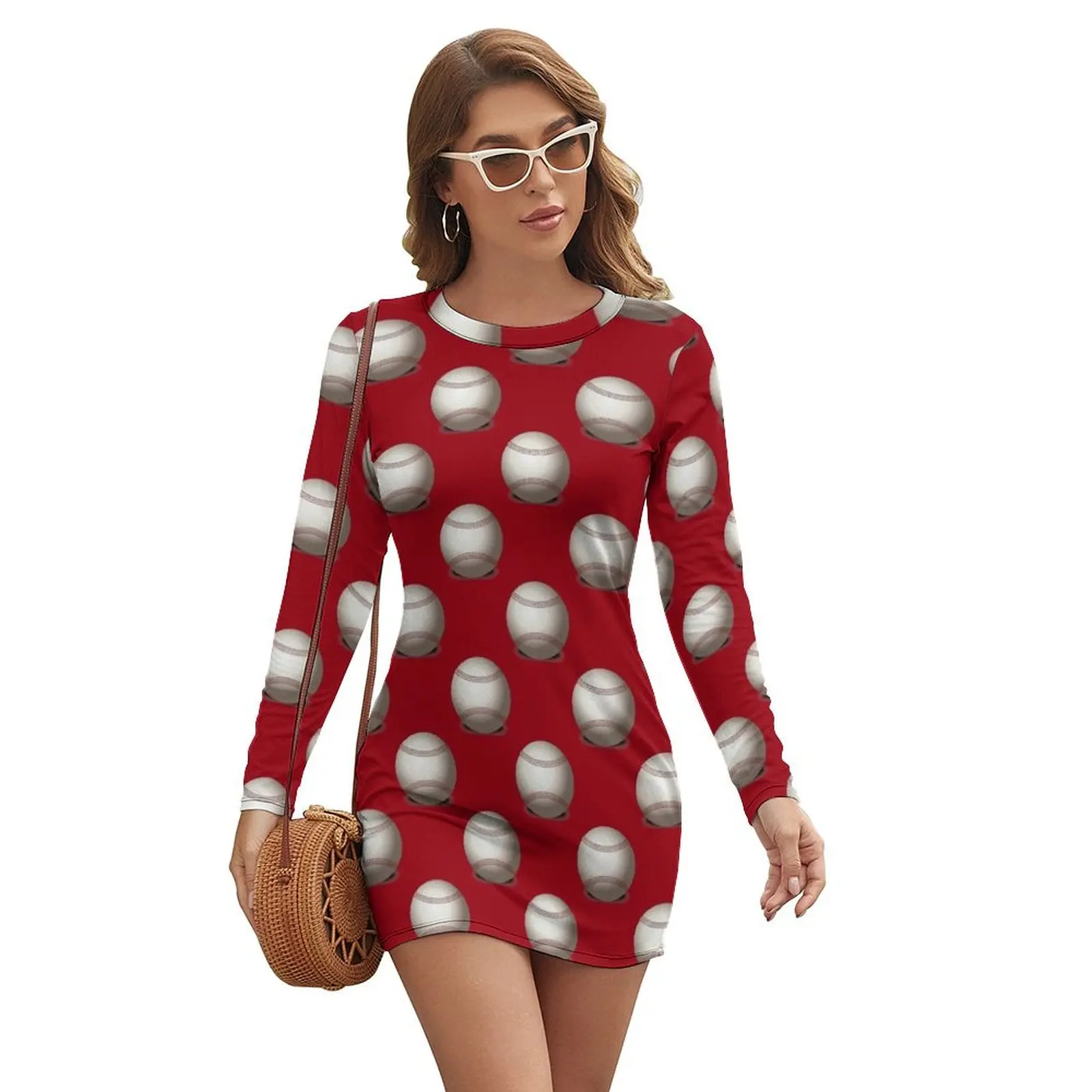 

Baseballs on Red Background Long-sleeved Dress dress summer 2024 women birthday dresses for women evening dress