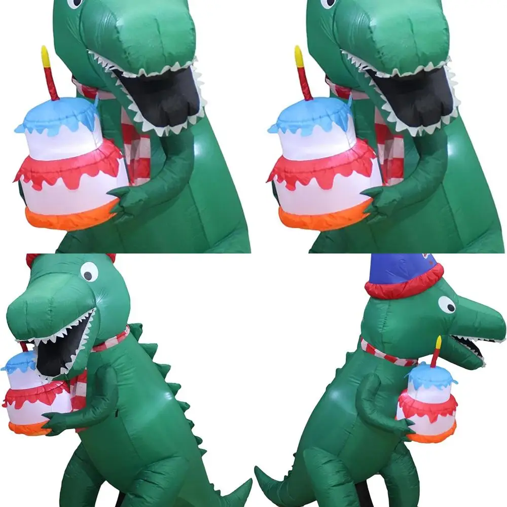 

7-Foot Inflatable Green Dinosaur Birthday Decoration with Cake, Candle, and LED Lights for Indoor/Outdoor Use