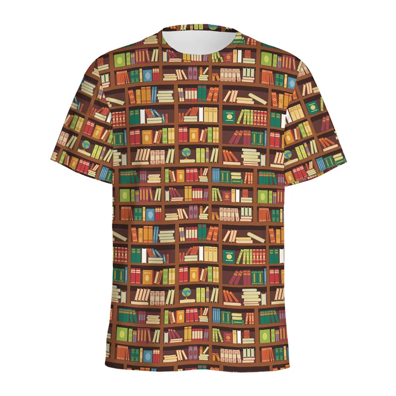 Colorful Cartoon Book Pattern T-shirt For Men Round Neck Short Sleeves 3D Printed Bookshelf Library T Shirts Summer Kids Tees