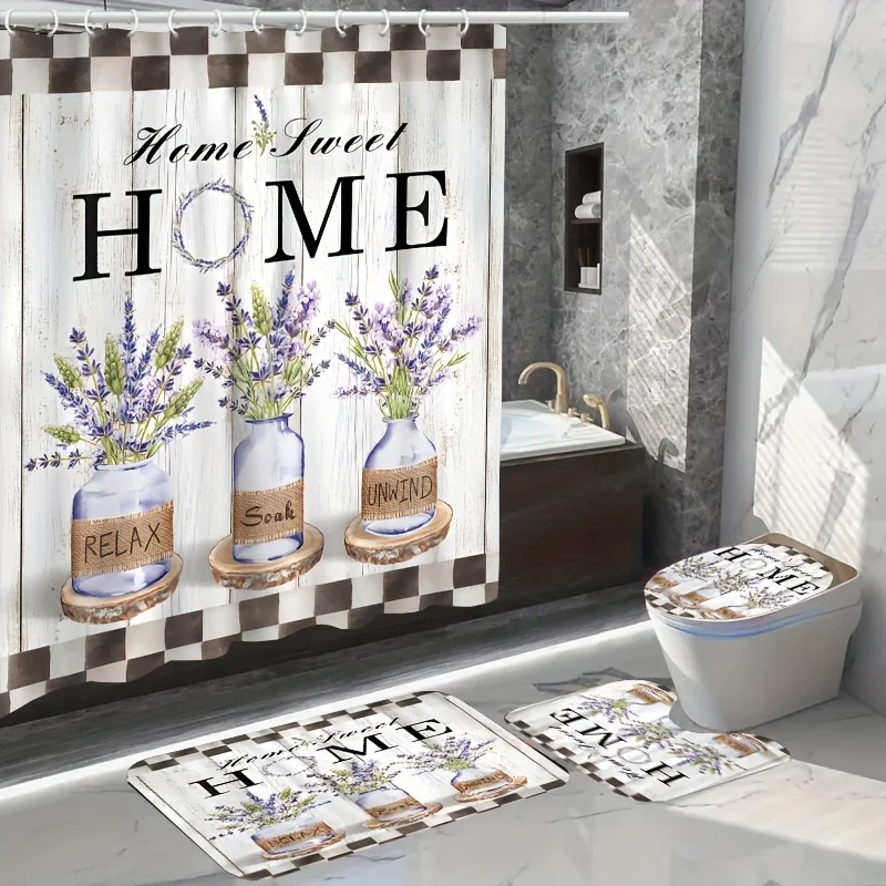 4PCs flower pattern shower curtain set, waterproof shower curtain with 12 hooks, non-slip bath rug, U-shape mat, toilet lid co