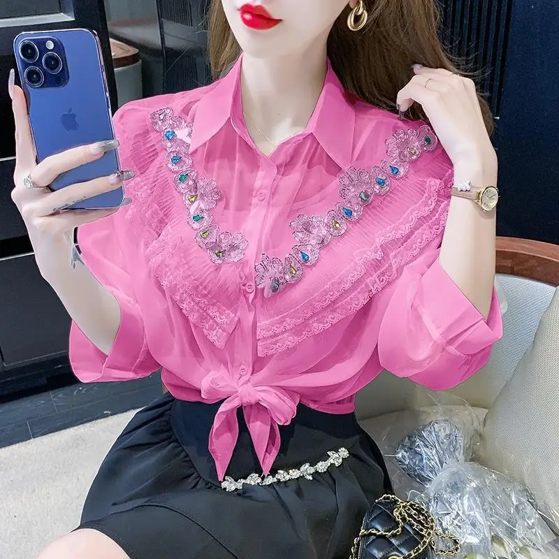 Spring Autumn New Fashion Solid Color POLO Colla Long Sleeve Women\'s Clothing Shirts Diamonds Lace Button Chiffon Sweet Blouses