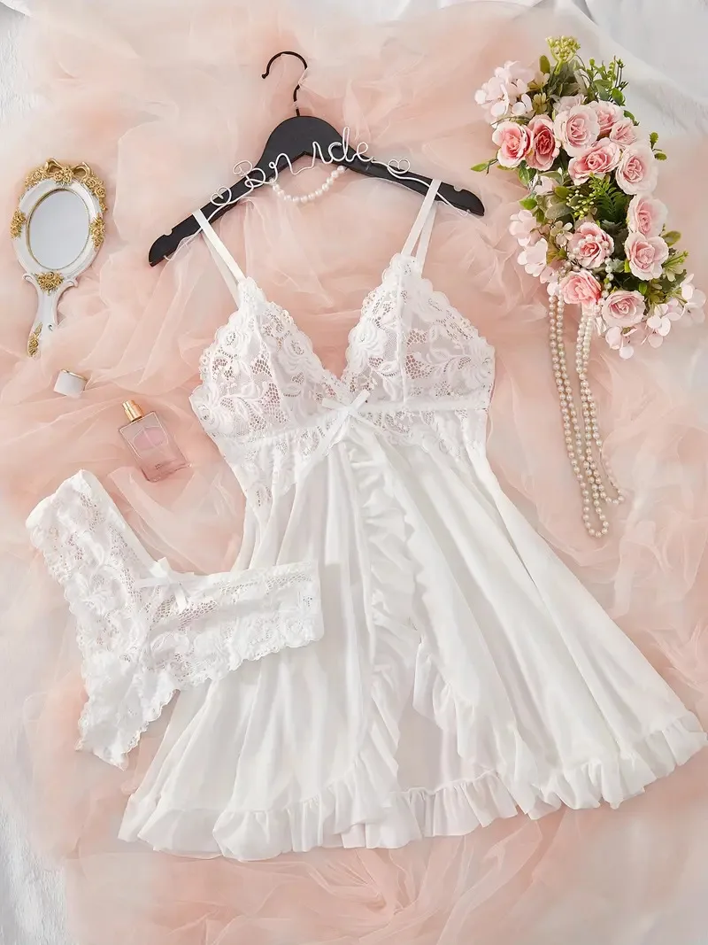 Pink set for Women Sexy Thong Lingerie Teddy nightgown Exquisite Hot Female Pajamas V-Neck with Panties 2 Piece Sets night Dress view 4