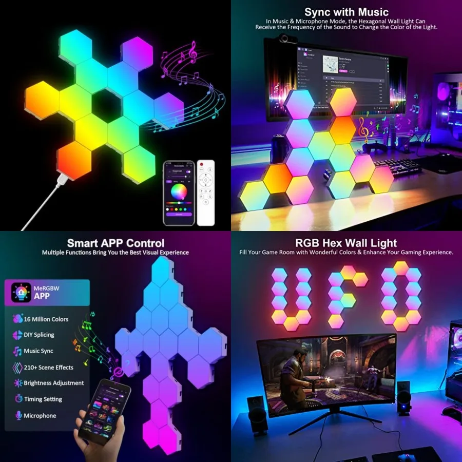 

12 Pack Hexagon Lights Wall RGB Panel - Led Lights Gifts for Men Birthday Room Decor Lamp for Bedroom Gaming Equipment Gamer Su