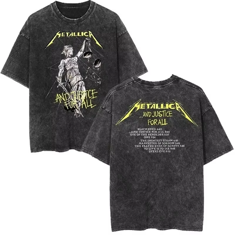 T-shirt unisex in cotone 100% con stampa punk street estiva 2026, stile retrò americano lavato, a maniche corte, ispirata ai Metallica.