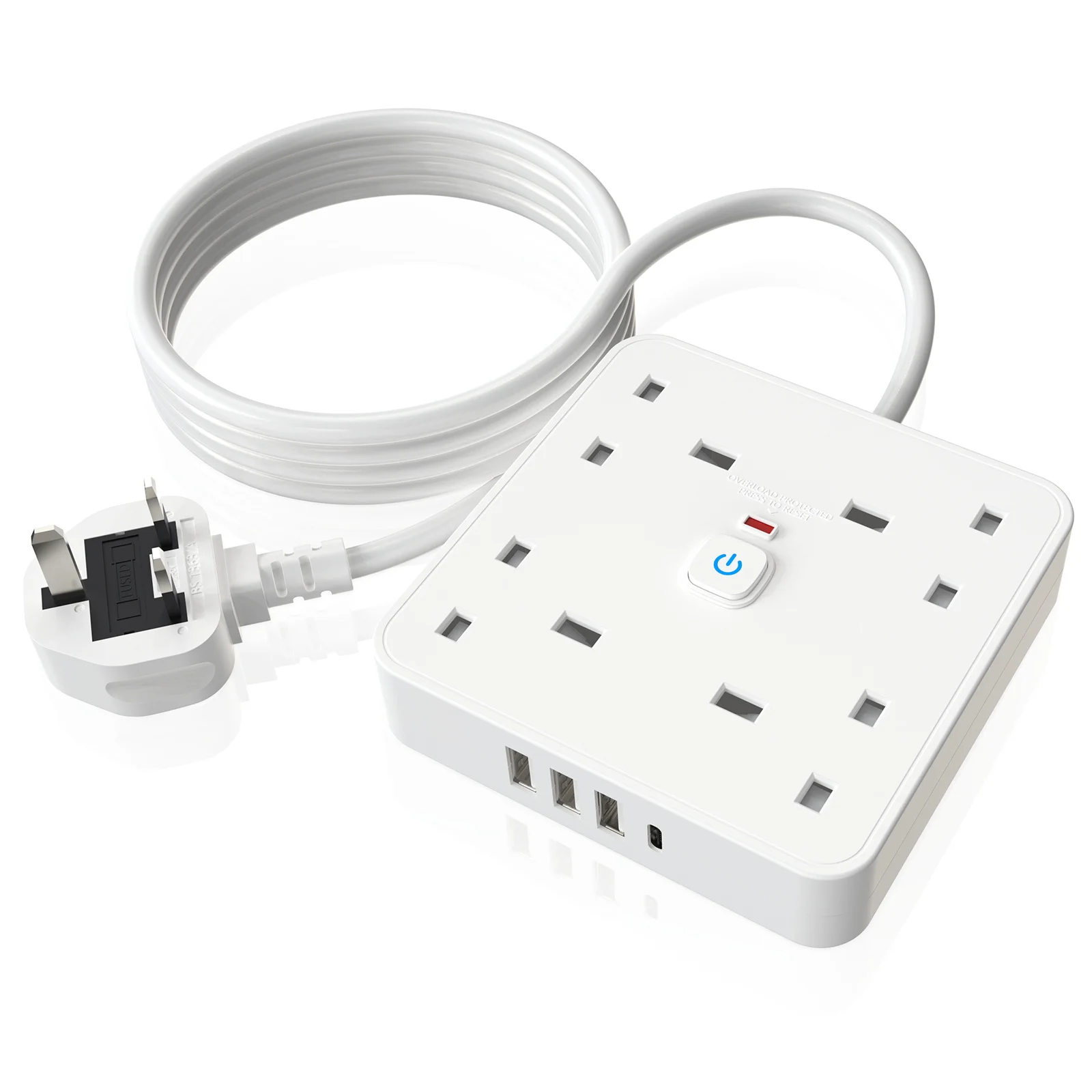 UK Plug Adapter USB Power Socket with 4 AC Outlet 3 USB-A 1 Tpye-C Port Fast Charge, Wall Outlet Power Strip with Switches