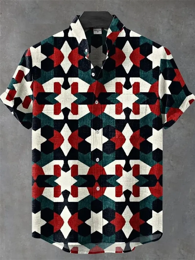 

Geometric Pattern Men's Linen Shirt Splicing 3D Printing PU Leather Nine Sleeve Collar Inner Wear for All Seasons