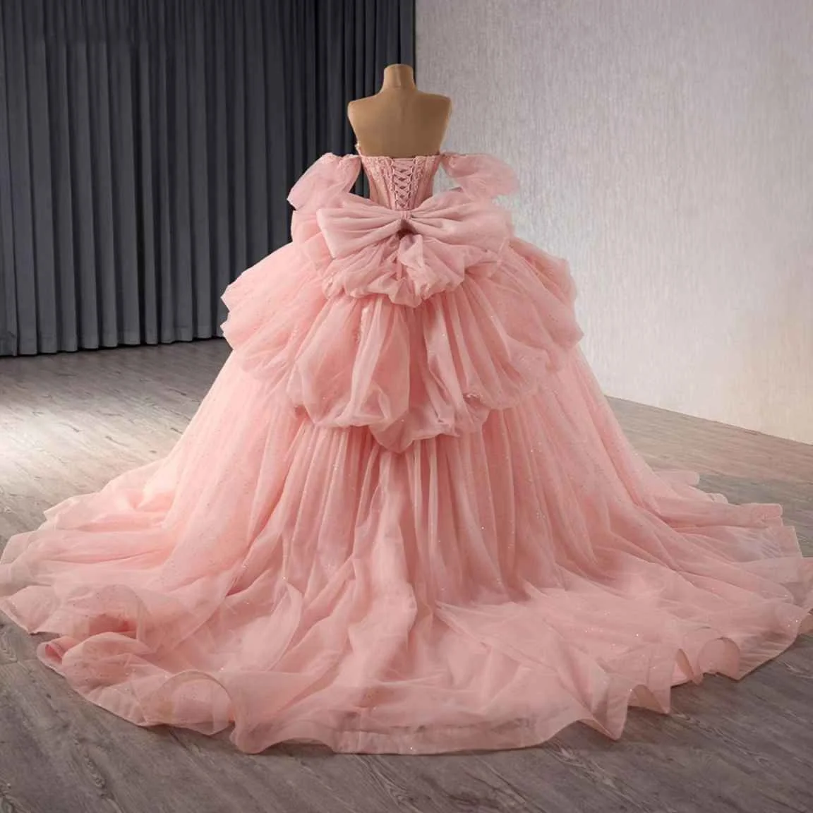 Rosa brilhante tule vestido de baile quinceanera vestidos de 15 anos brilhante até o chão cinderela princesa festa personalizar