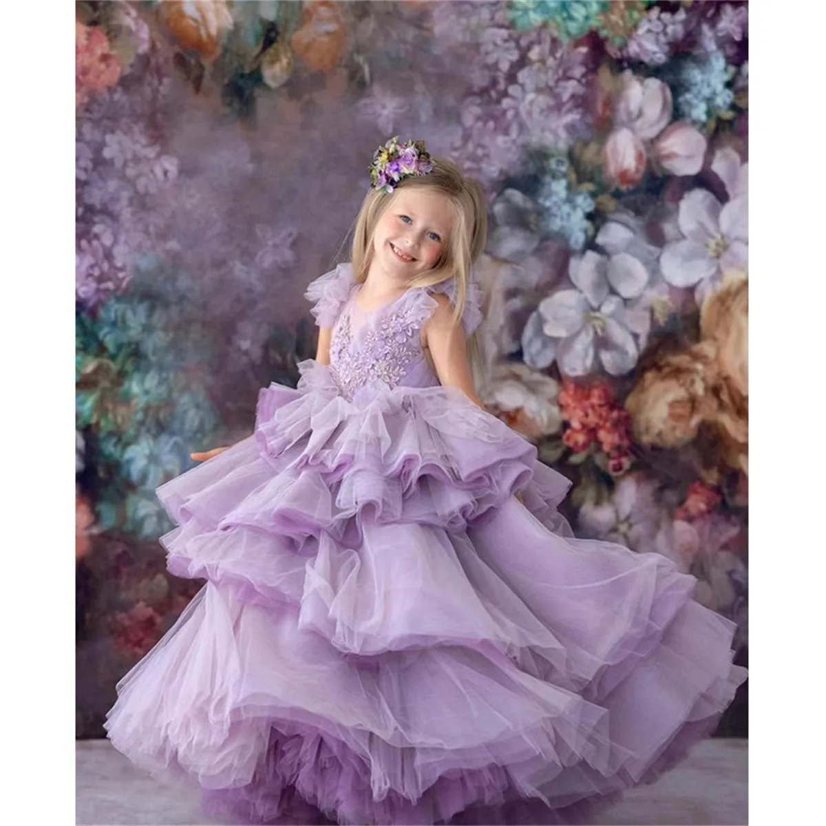 

Layered Flower Girl Dress For Wedding Beading Applique Purple Tulle Fluffy Bridesmaid Birthday Celebration Eucharist Dresses