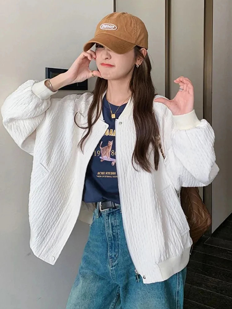 Jmprs Sweet White Baseball Jacket Women Loose Fall Preppy Style Korean Coat Fashion O Neck Design Long Sleeve All Match New Tops