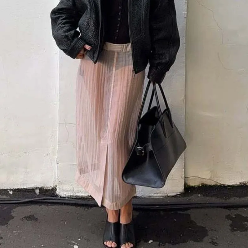 

Женская розовая прозрачная юбка миди из смесового хлопка, летняя облегающая юбка с высокой талией и разрезом спереди, элегантная юбка-карандаш для вечеринок и повседневной носки