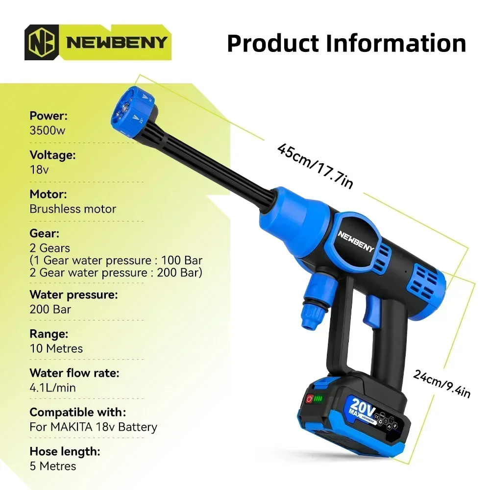 NewBeny 200Bar High Pressure Brushless Electric Washer 2 Gears Cordless Car Garden Washing Power Tools For Makita 18V Battery