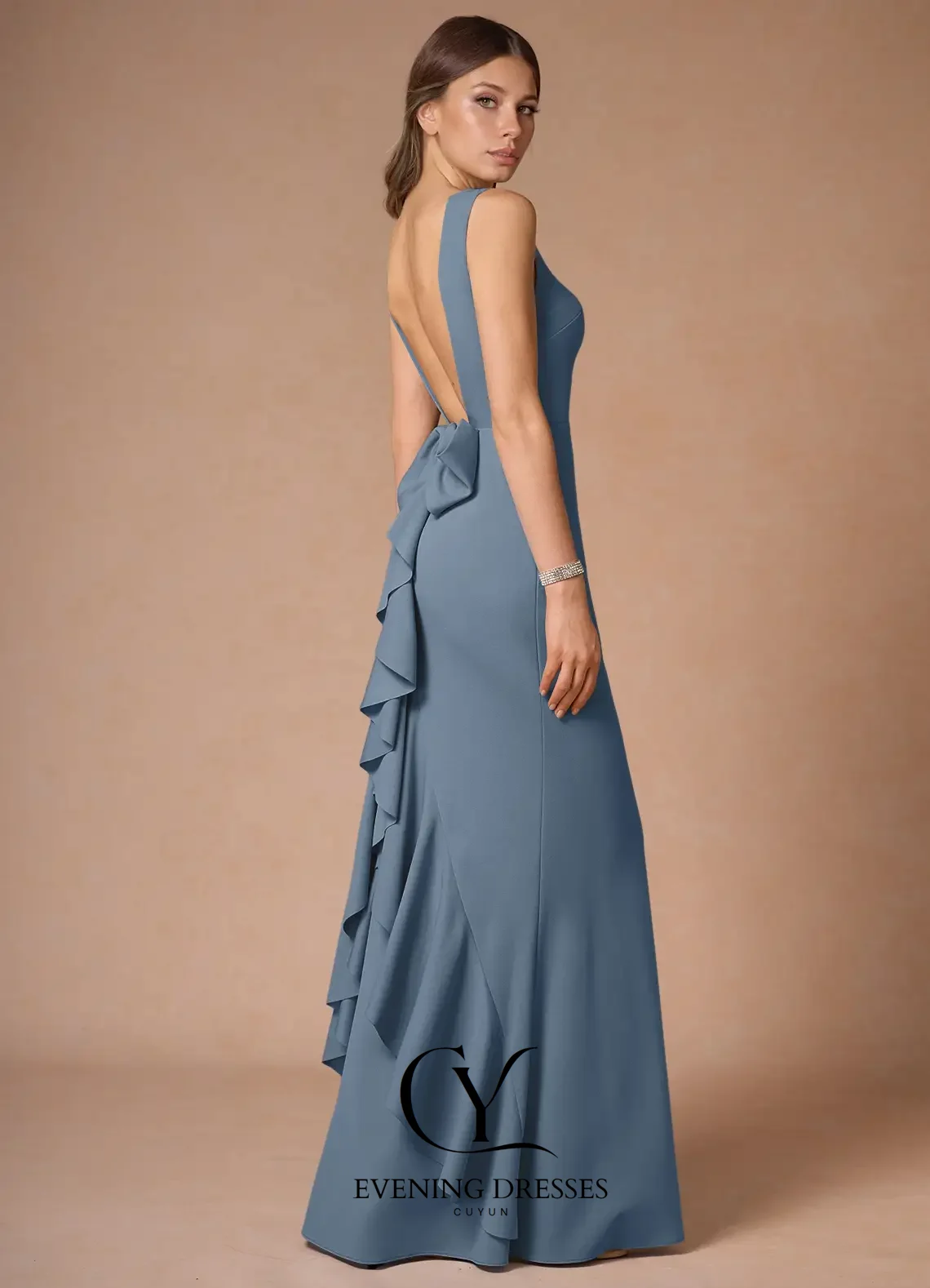 CUYUN Vestidos de noche con volantes y espalda descubierta, vestido largo para mujer, vestido de fiesta sin mangas de sirena personalizado para ocasiones especiales