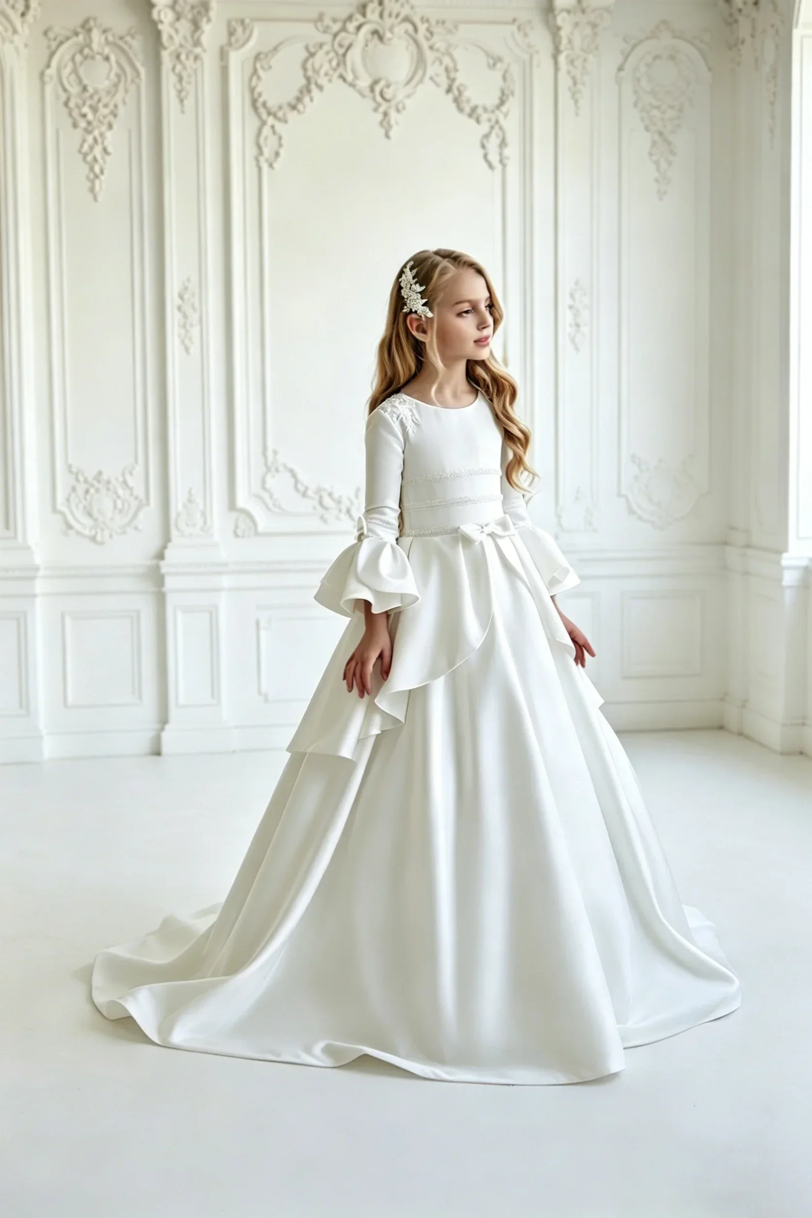 Elegant Lace Appliqué Communion Gown Long Bell Sleeve Multi-Layer Ruffle Pleated Trailing Flower Girl Gown Girls Formal Princess