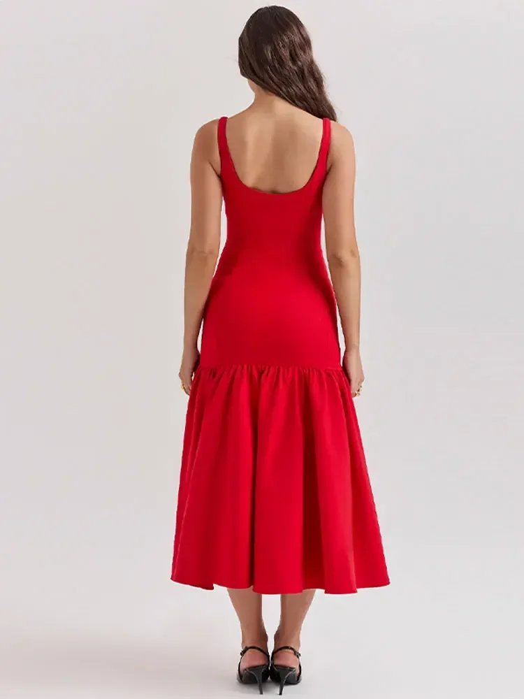 فستان نسائي أنيق مكشكش بحمالة ميدي وياقة مربعة بدون أكمام فساتين لربيع وصيف موضة جديدة فستان نسائي ضيق