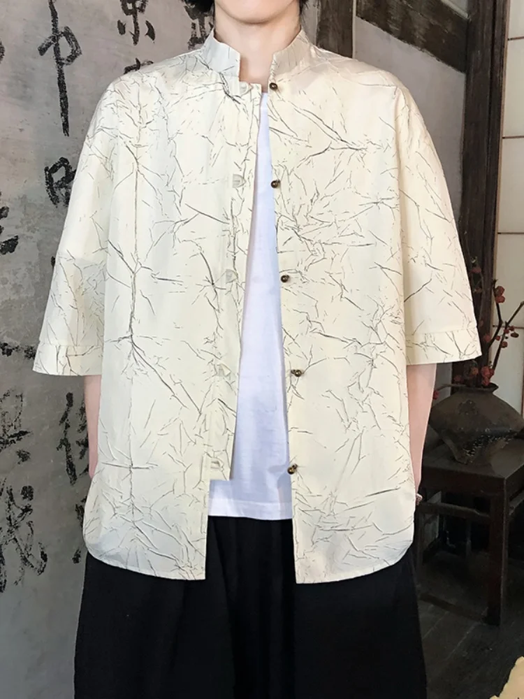 

Мужская летняя рубашка-ханьфу в стиле ретро, золотистая, плиссированная, с коротким рукавом, свободного кроя, с воротником-стойкой, премиум-класса