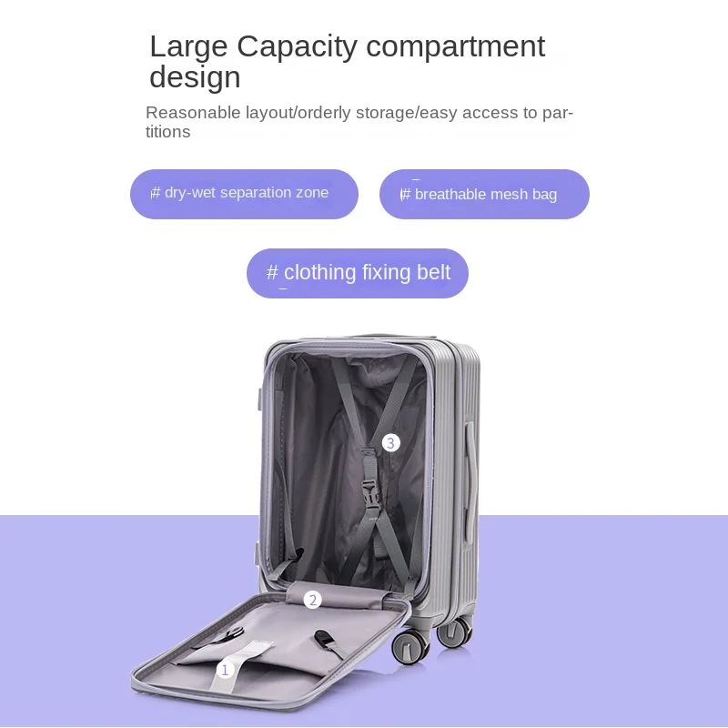 Silver front open zipper luggage Customs combination lock trolley case Leisure travel high appearance horizontal trolley case