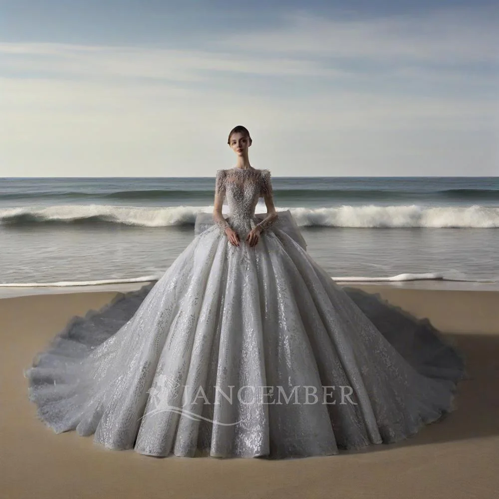 Customized High-neck wedding Dresses Illusion Full Sleeves Sparkly Sequins Bride Gown Ball Gown Long Robe Vestido De Novia