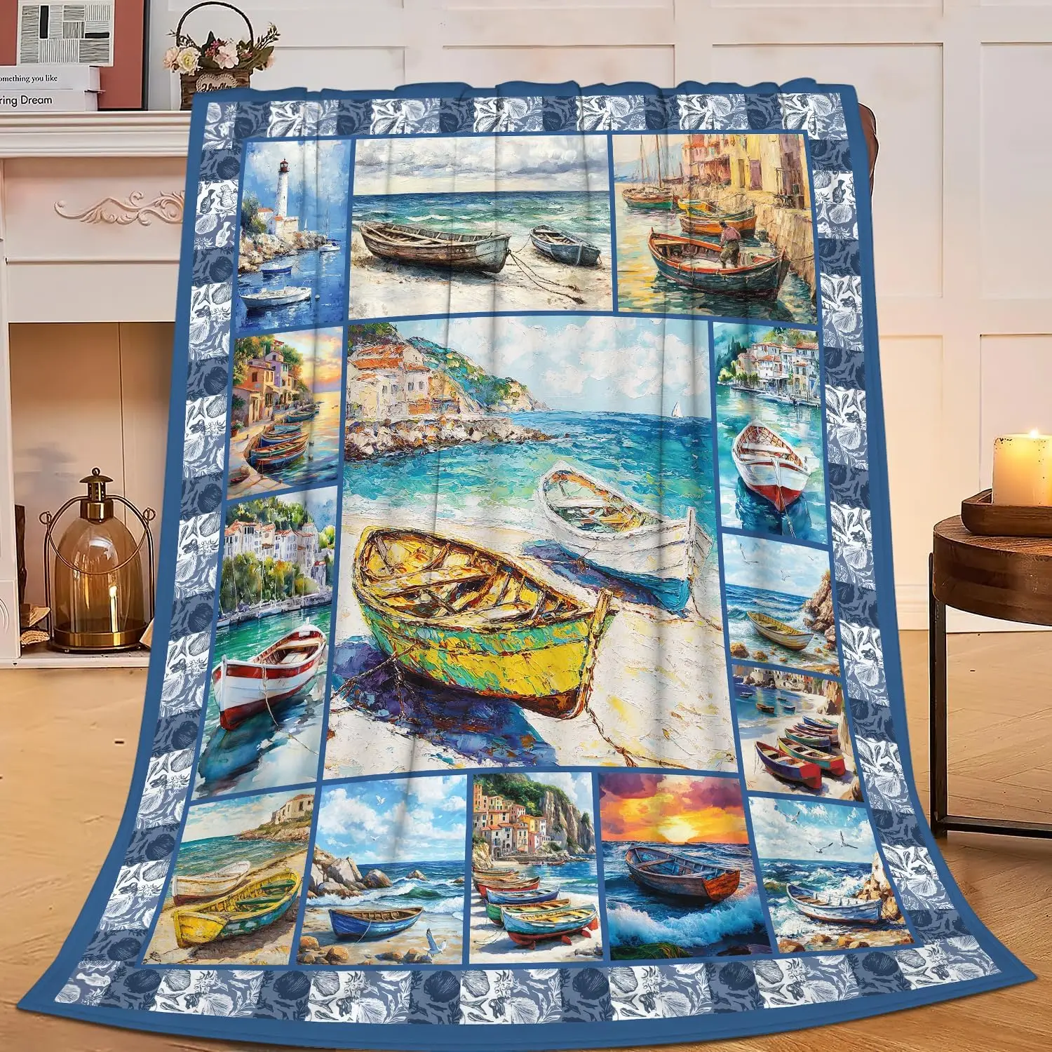 Multi-grid Vintage Sea Town Wooden Boat Ocean View Fleece Blanket Nautical Landscape Throw for Living Room Indoor Family Home