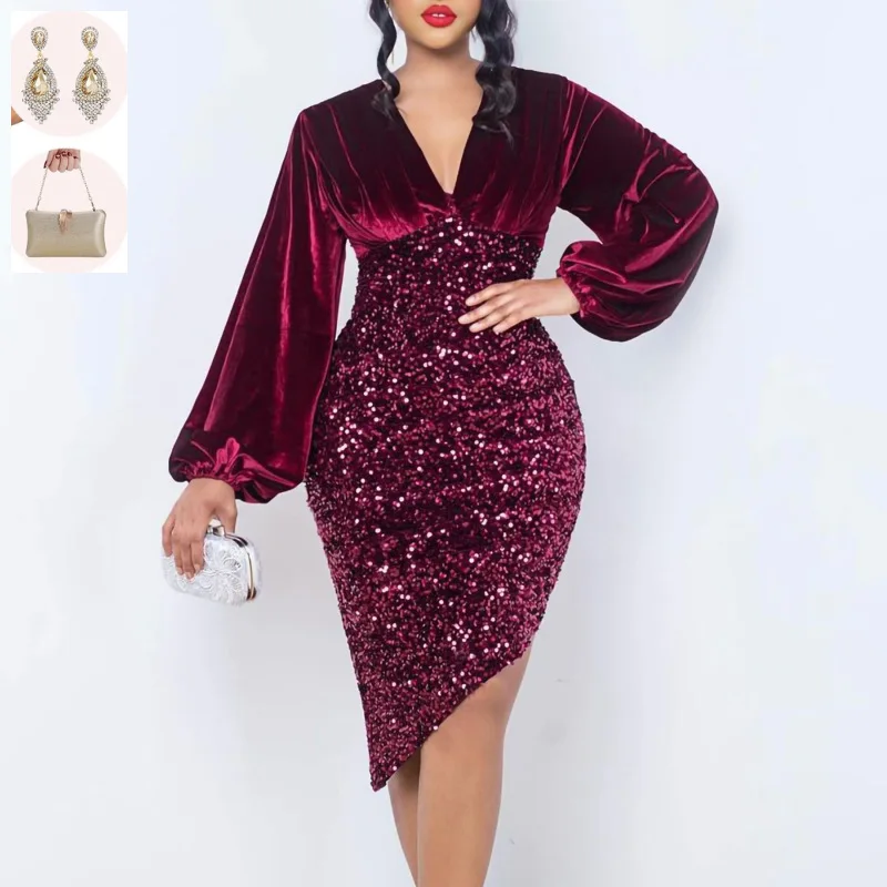 With Banquet Bag Earring Women V-neck Sequin Fashion Wrapped Dress Sexy Bodycon Nightclub Party Dresses Clubwear Halloween