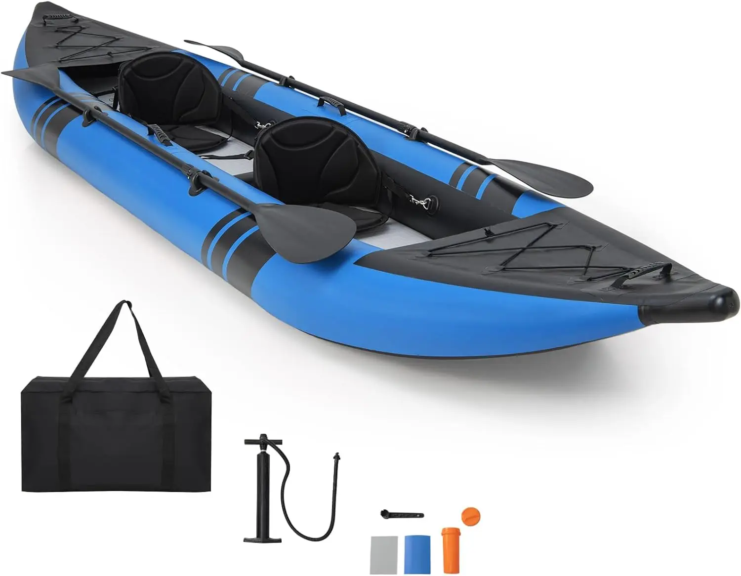 12.5Ft 507lbs Tandem Kayak with 2 Aluminum Paddles 2 Padded Seats Footrests 2 Fins Hand Pump Carry Bag & Repair Kit