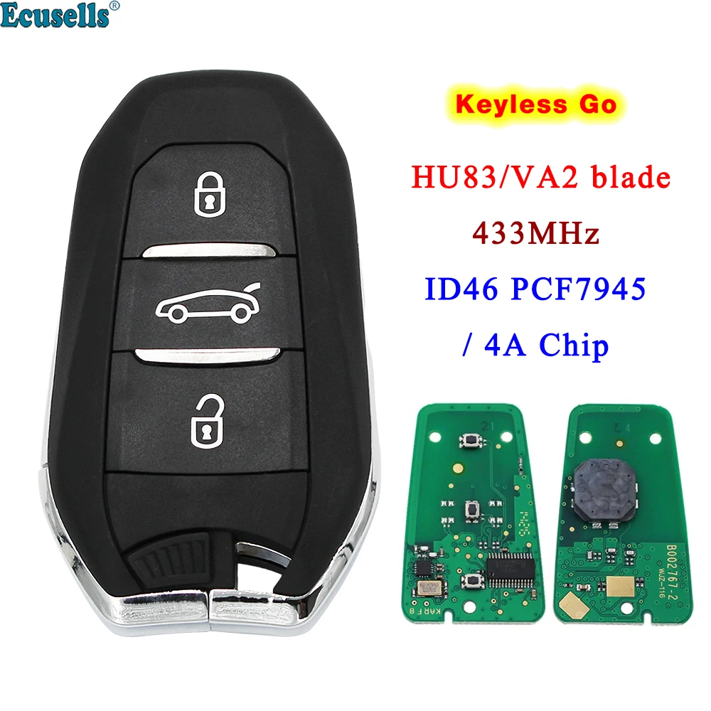 Ecusells DS Smart Keyless Go 3 Buttons Remote Key 433MHz PCF7945 46/4A Chip for Citroen C3 C4 C4L DS5 ELYSEE Picasso HU83 or VA2