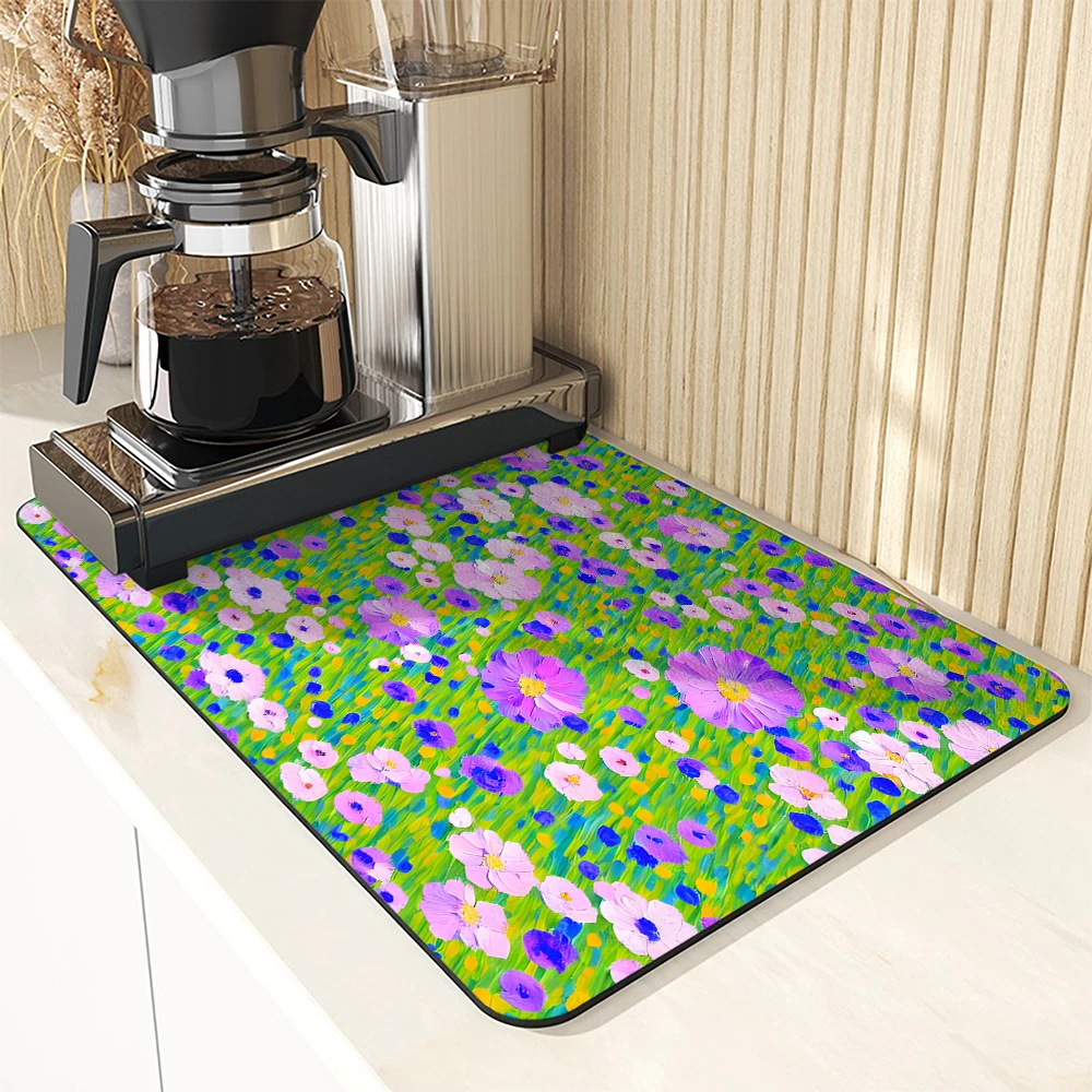 Kitchen Drying Mat Wildflower Grass Dry Coffee Mat Absorbent Dish Placemat   Table Cup Drying Mats Table Decoration Accessories