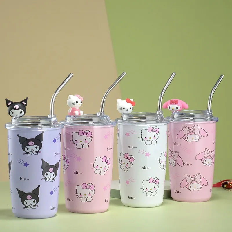 Ciao Kitty tazza di paglia Sanrio tazza di caffè Anime Kuromi bambola bambino Thermos tazze doppio strato portatile tazza di acqua fredda regalo