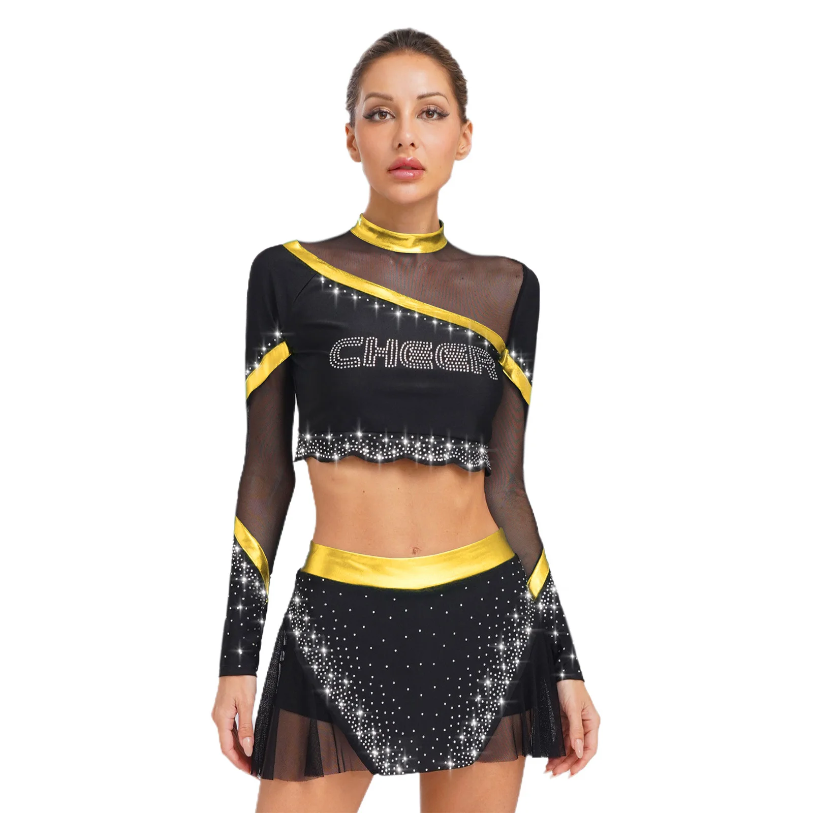 

Women Cheerleading Dance Outfits Cheerleader Dance Performance Costume Long Sleeve Rhinestone Crop Tops+Skirt 2Pcs/Set Dancewear