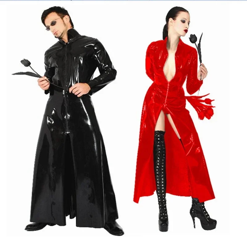 Red Black Latex Catsuit PVC Leather Catsuit The Matrix Costume Gay Latex Costume Stretchable Spandex Patent Leather Long Coat