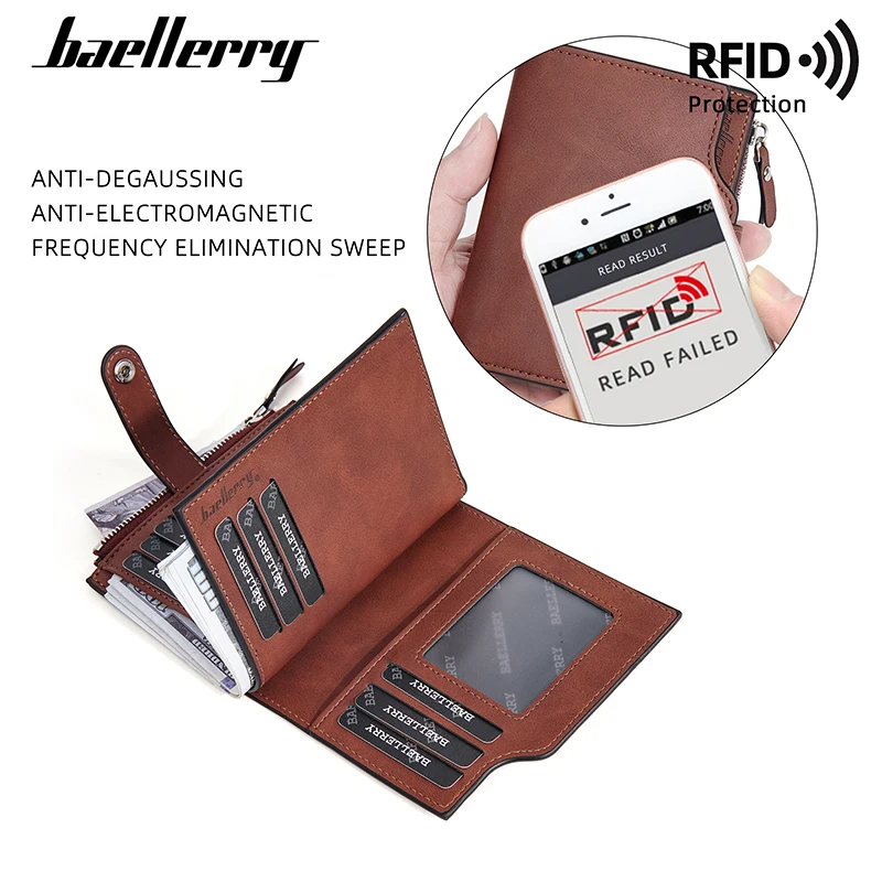 Baellerry 남성용 대용량 짧은 RFID 지갑, 이름 각인 짧은 카드 홀더, 남성 지갑, 지퍼 동전 주머니, 신제품