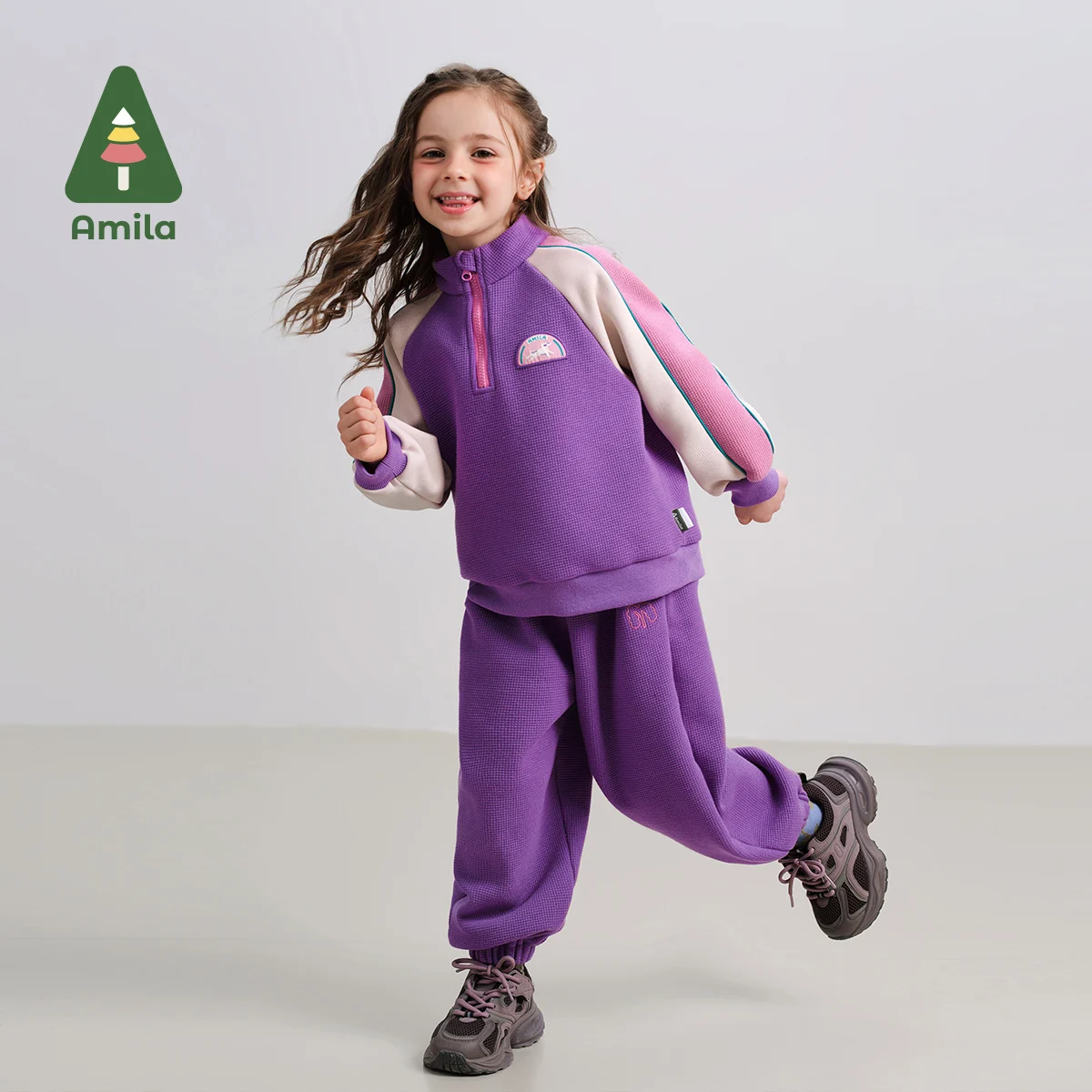 Amila Baby Suit 2024 Winter New High Quality Girls Purple Contrast High Collar Sports Warm Soft Loose Casual Children‘s Clothing