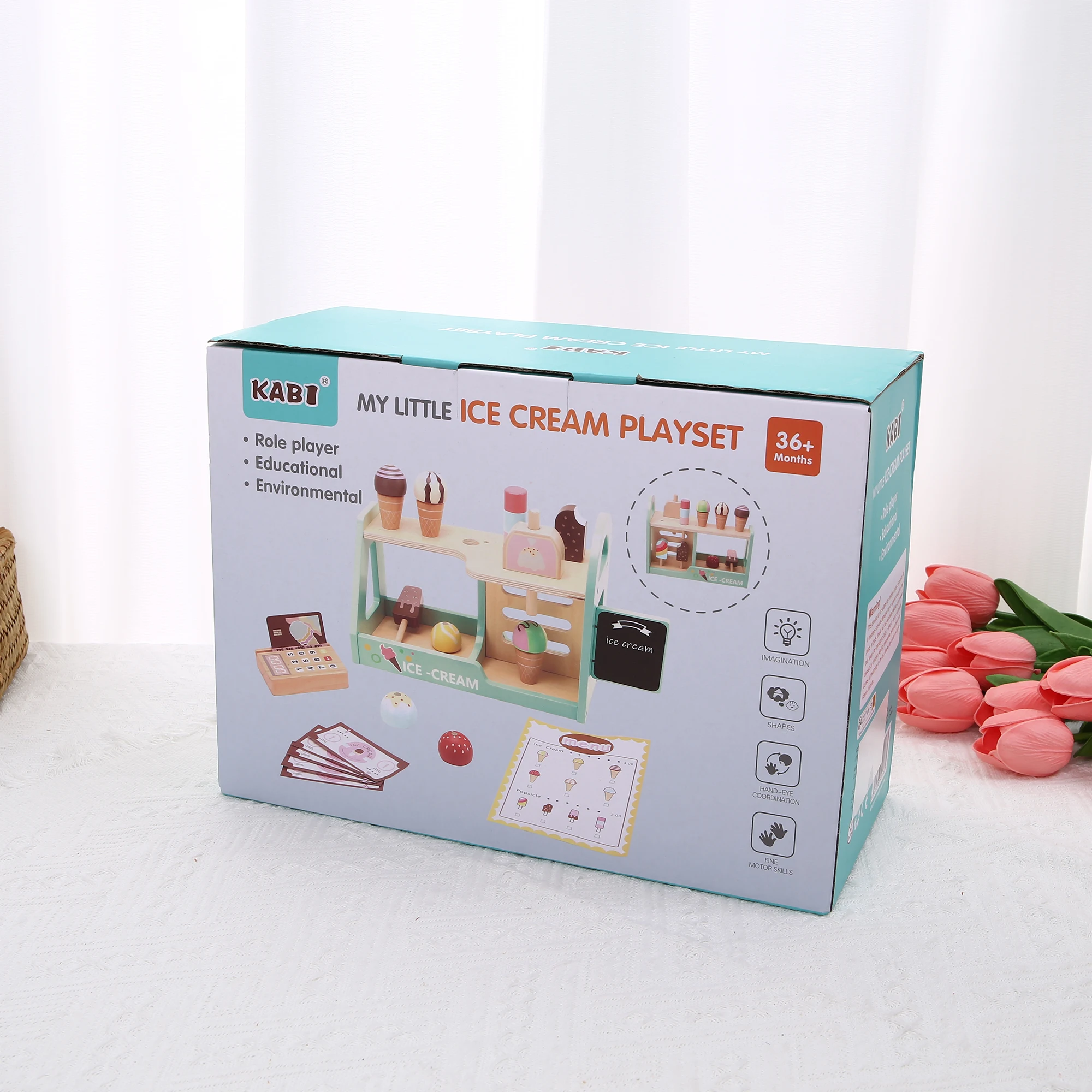 ชุดของเล่นเคาน์เตอร์ไอศกรีมสำหรับเด็ก ชุดของเล่นทำอาหารไม้ ชุดของเล่นไอศกรีม ของเล่นเสริมพัฒนาการเด็กเล็ก