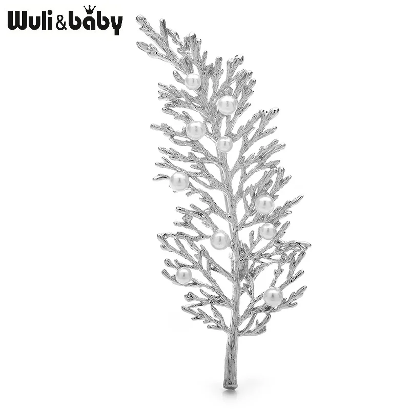 Wuli&baby Pearl Leaf Brooches Pins For Women Men 2-color Easy-match Flowers Plants Party Office Brooch Pins Gifts