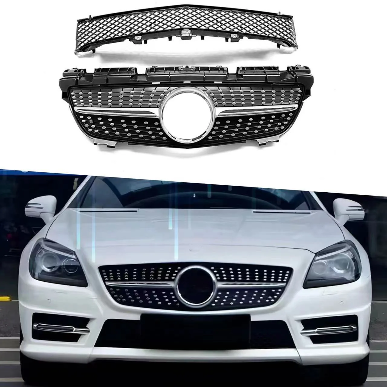 Für Mercedes-Benz SLK-Klasse R172 2011-2015 Sternenhimmel-Rennkühlergrill Karosserie-Kit ABS-Kunststoff Hochglanz Schwarz