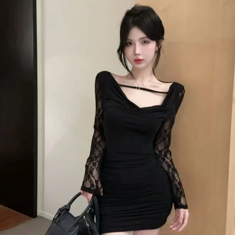 Vestidos de manga comprida feminino crisxmas primavera boêmio crochê bloqueando vestido de renda em camadas artístico fofo cottagecore simples