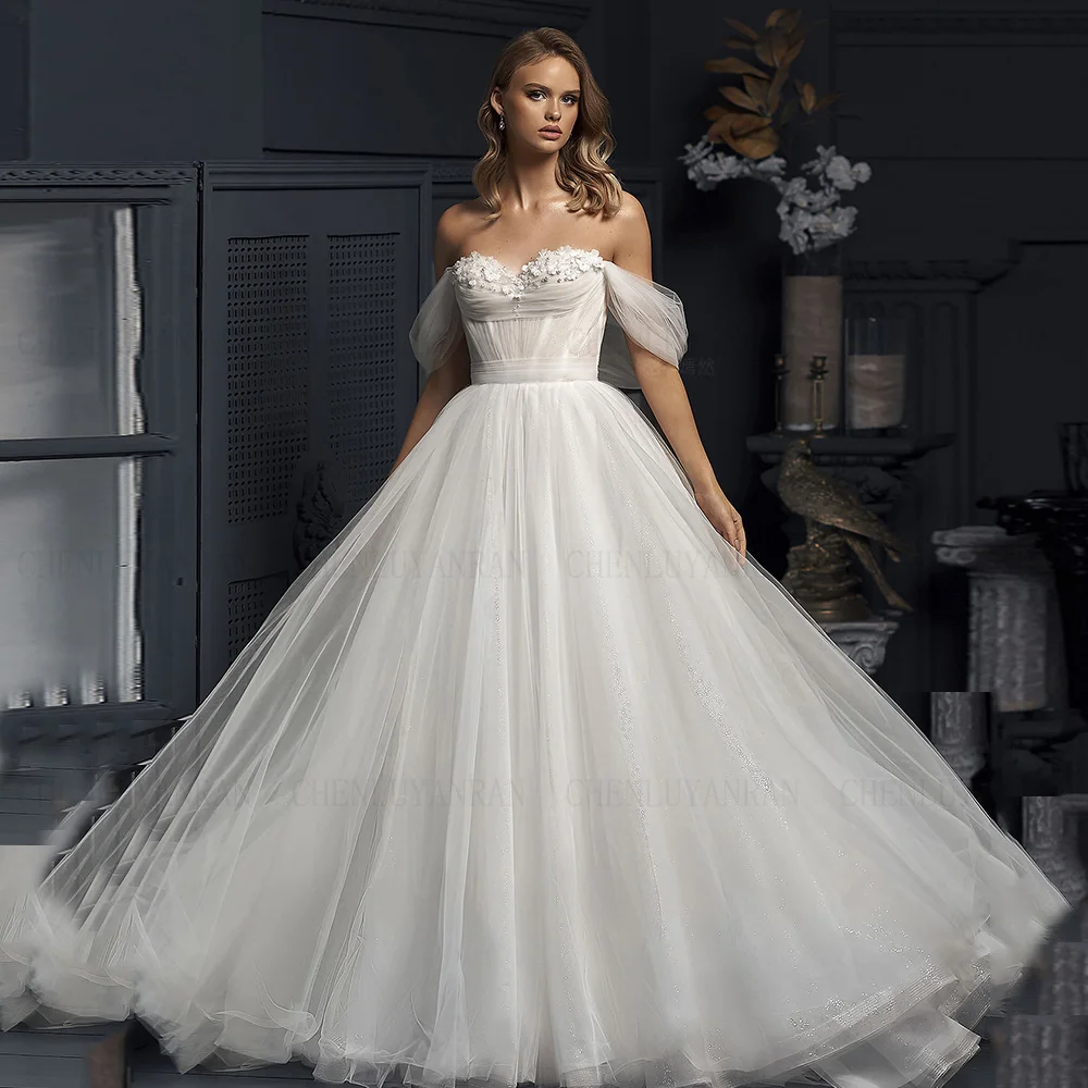 

Tulle A-line Wedding Dresses Applique Beads Ivory Long Bride Dress New Luxury Pleat Sexy Dress For Women 2024 Robe De Mariée