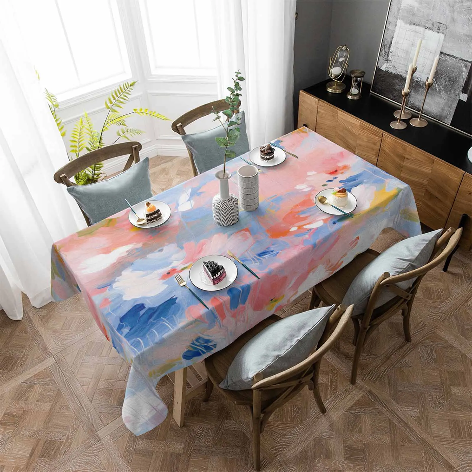 Abstract Flower Oil Painting Art Blue And Pink Anti-scalding Waterproof Tablecloth Rectangular Round Table Cover Furnishings