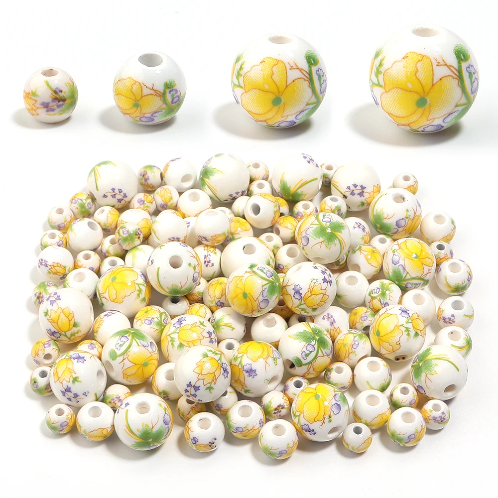 20-30pcs 6/8/10/12mm Jingdezhen Round Ceramic Beads Yellow Flower Ceramics Loose Spacer Bead For DIY Bracelet Jewelry Making