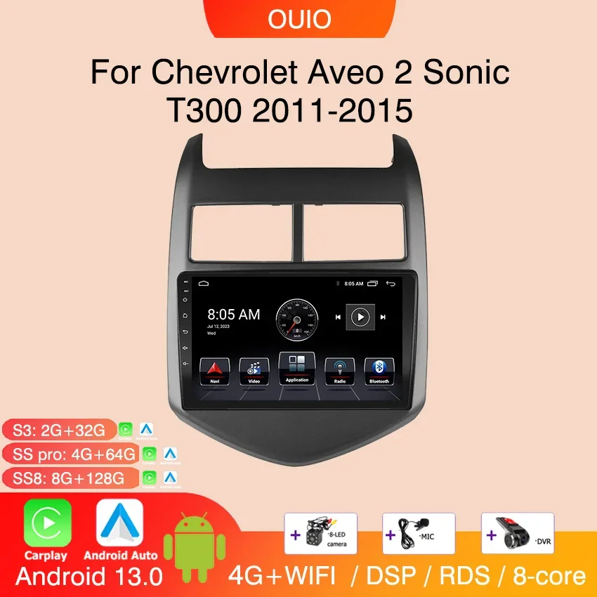 

8 ГБ + 128 ГБ Carplay Радио для Chevrolet Aveo 2 Sonic T300 2011-2015 Автомобильный стерео мультимедийный плеер Android Авто GPS-навигация 2DIN